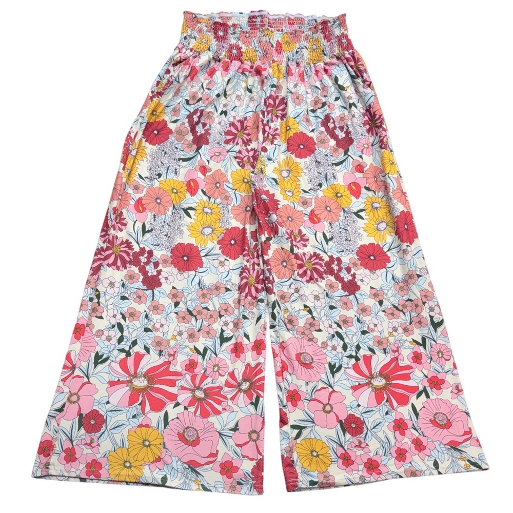 Floral Smocked Wide Leg Palazzo Pants Women M Pink Yellow Elastic Waist Pockets